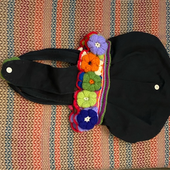 Super Cute Hand Made Unique Crochet Multicolored 3D Floral Black Shoulder Bag - Picture 9 of 15